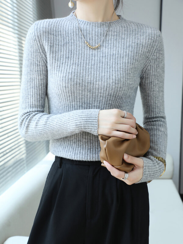 Aliselect-Jersey ajustado con cuello redondo para mujer, suéter de lana merina, prendas de punto de Cachemira lisa, Simple y elegante, primavera, otoño e invierno, 100%