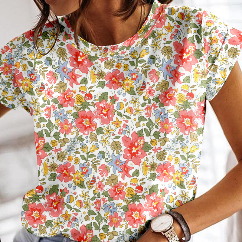 2024 kaus Wanita aster kecil mode musim panas Wanita Longgar Lengan Pendek Besar Kasual atasan motif 3D kaus