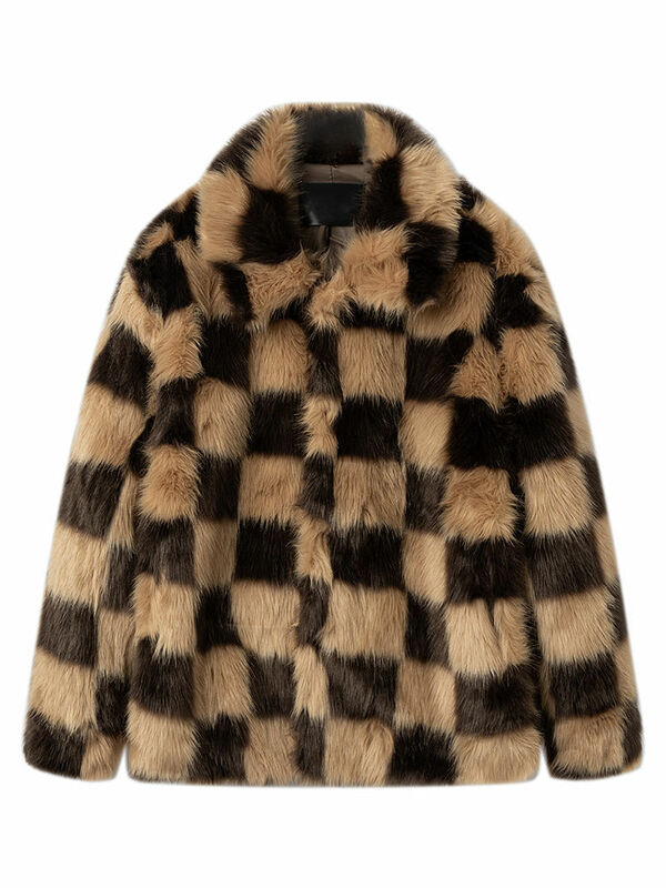 Faux Fur Fox Fur Fashion Men Women Checked Fur Coat Long Sleeves Single Breast Short Faux Fur Coat Fur Integrated