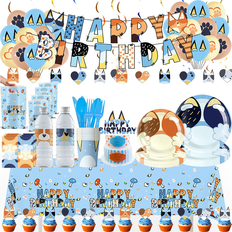 Blueys-vajilla desechable de perro Azul para niños, suministros de decoración para fiesta de cumpleaños, vasos, servilletas, mantel, platos, pegatina de globo