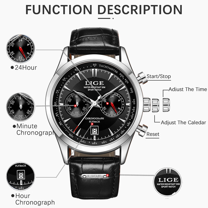 LIGE jam tangan pria, jam tangan lelaki kasual merek LIGE, jam tangan kulit, olahraga, militer, jam tangan besar, tanggal