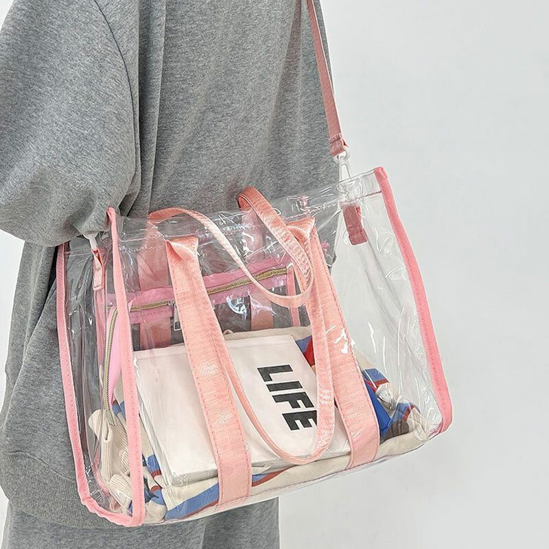 Transparente PVC Jelly Bag Set, colorido Laser Handbag, Gift Bag Grande Capacidade, logotipo personalizável, estilo de escritório, novo, 2pcs