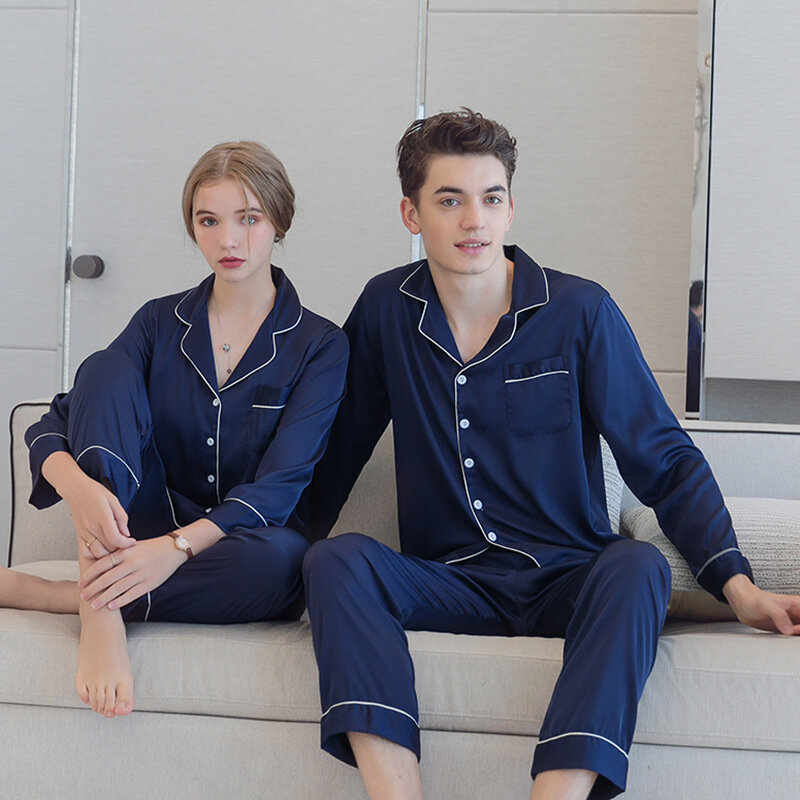 2023 New Couple Pajama Sets Turn-down Collar Ice Silk Soft Sleepwear for Young Lovers Cardigan Casual Nightwear Spring Long