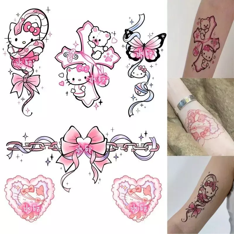 Sanrio stiker tato temporer anak, stiker tato karakter kartun Kawaii Hello Kitty KT, mainan tato sementara, hadiah anak-anak
