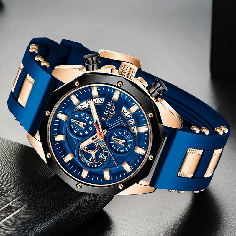 Часы наручные LIGE Мужские кварцевые, брендовые Роскошные спортивные водонепроницаемые в стиле милитари, с хронографом
