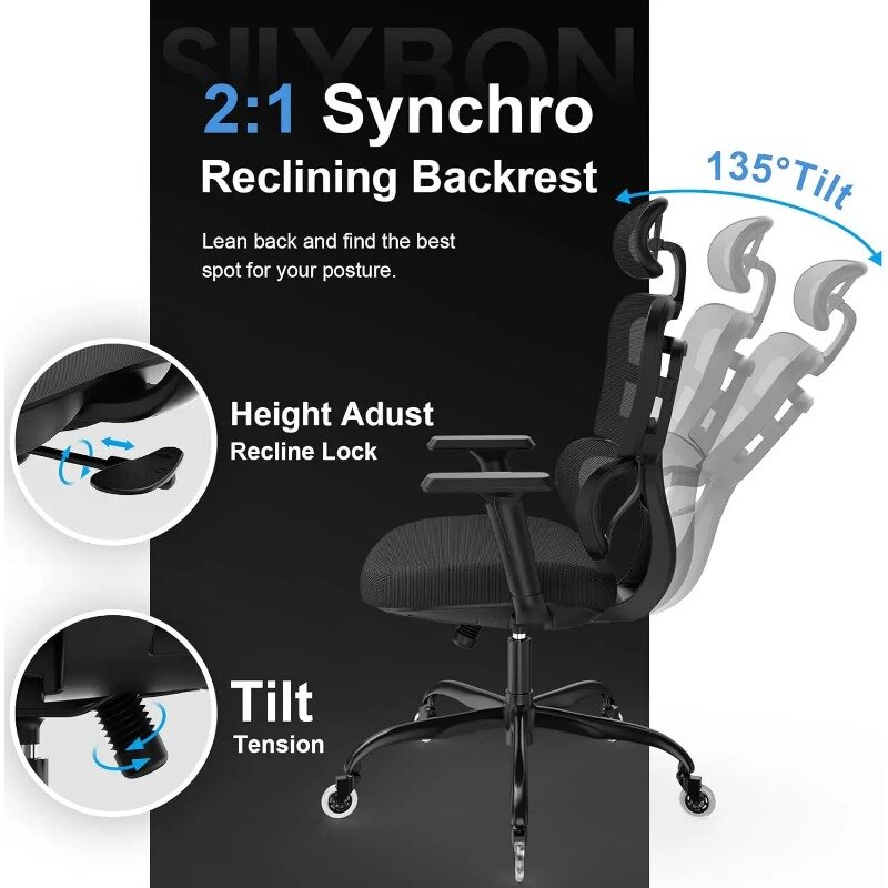 Ergonomic Mesh High Back Office Chair, apoio lombar 3D, encosto de cabeça ajustável, Rolling, Blade Wheels