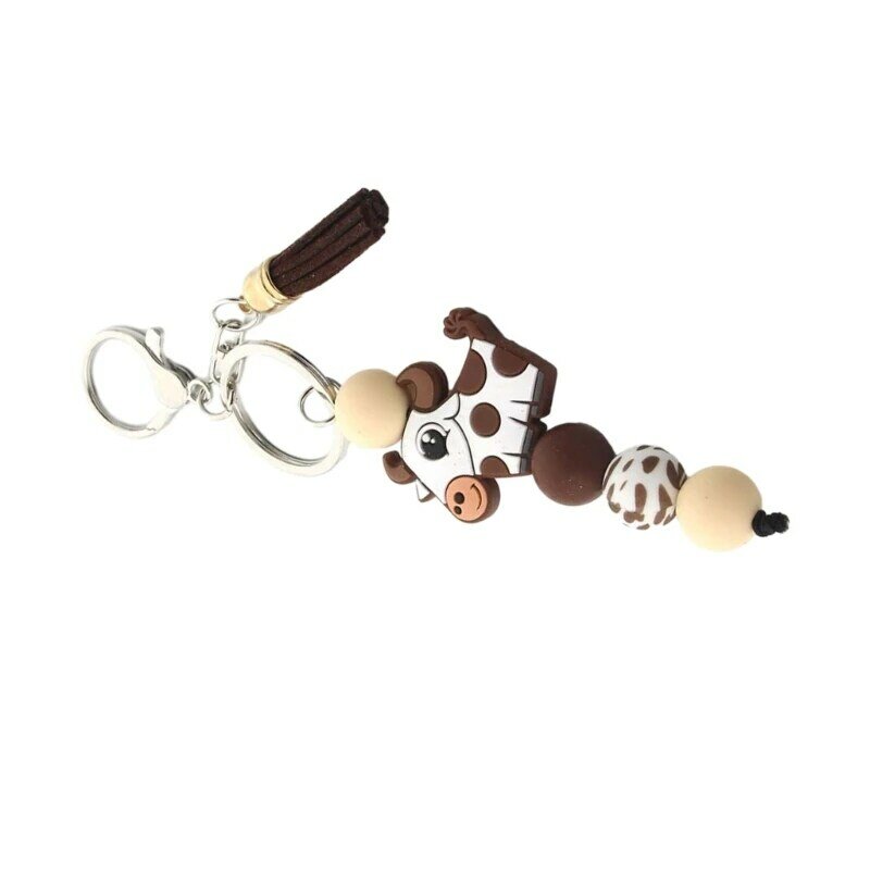 Silicone Beaded Keychain with Tassels Cartoon Cow Animal Pendant Key Chain for Car Keys Women Bag Pendant Christmas Dropship