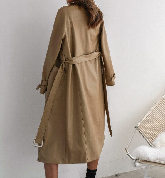Abrigo de piel auténtica para mujer, gabardina con cinturón de doble botonadura, estilo medio y largo, Primavera