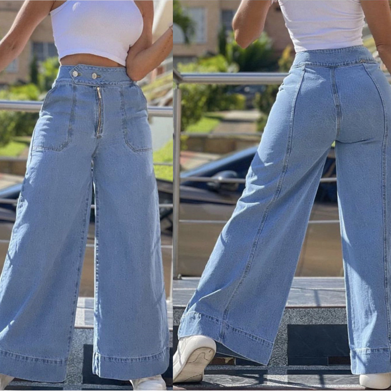 Celana panjang kasual, celana panjang kaki lebar, celana Jeans kasual baru, celana Denim pinggang tinggi, model Wash tipe pinggang