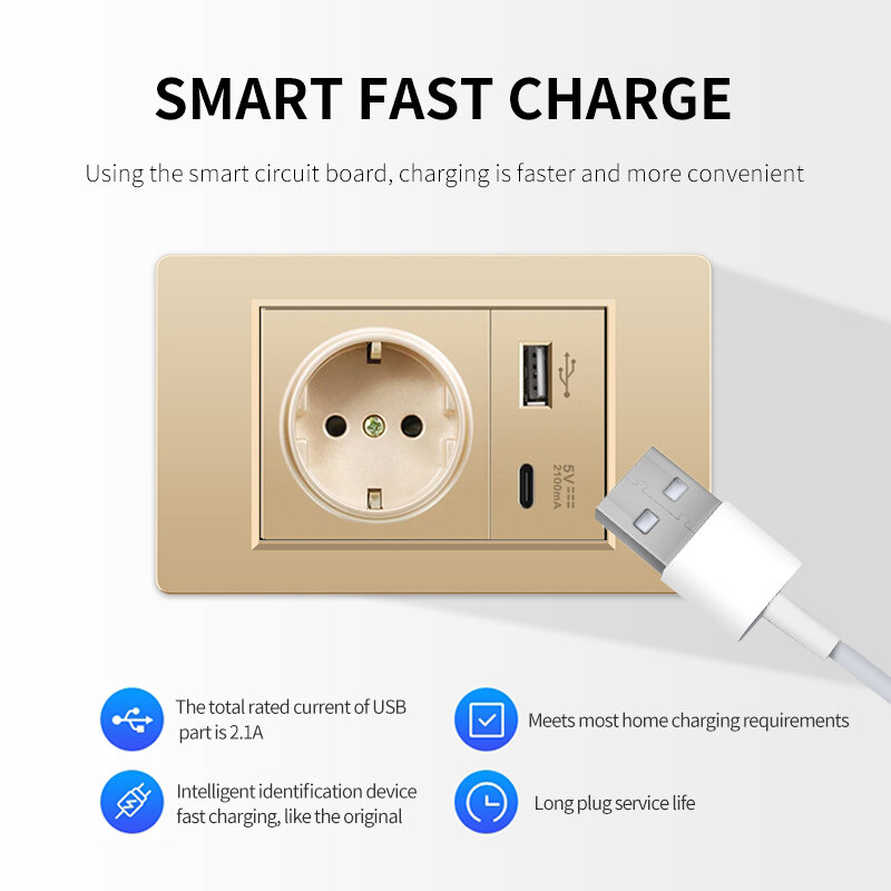 EU Italy Chile wall power socket switch, fast charging USB Type-c 5V 2100mA TV, phone, computer power socket gold PC panel