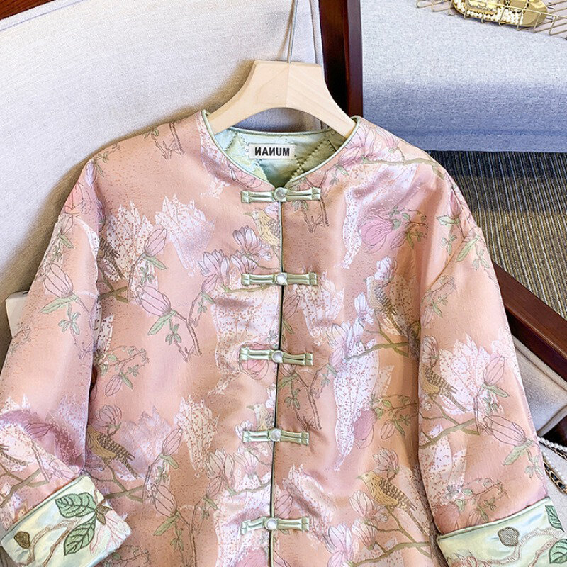女性のためのエスニックスタイルのサテンジャカード,中国の綿のコート,ラウンドネック,不規則なスリット,刺embroidery
