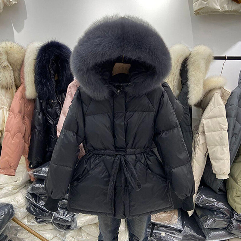 2024 Winter Women's Down Jackets Ultra Light Warm Coat Female Jacket Woman With a Belt Hooded Parka Big Fur Collar Overcoat