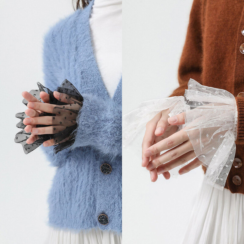 Fashion Female Sweater Fake Sleeves Hollow Crochet Lace Ruffles Horn Cuffs Wrist Warmers False Cuffs