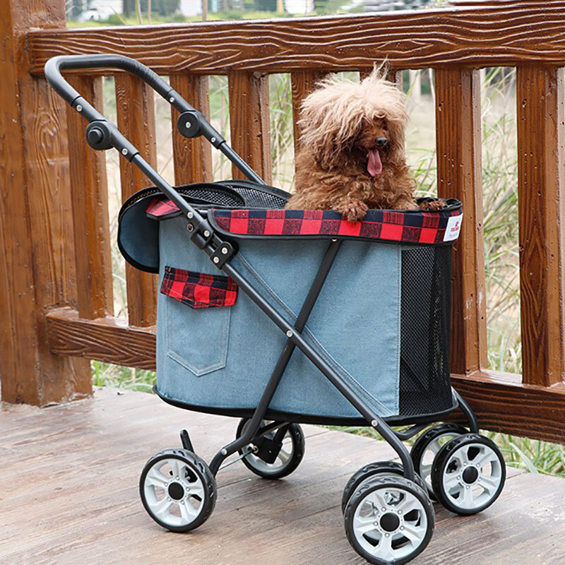 Opvouwbare wandelwagen voor huisdieren met wielen voor honden en katten, ademend, buitenreiswagen, lichtgewicht, kleine honden en katten