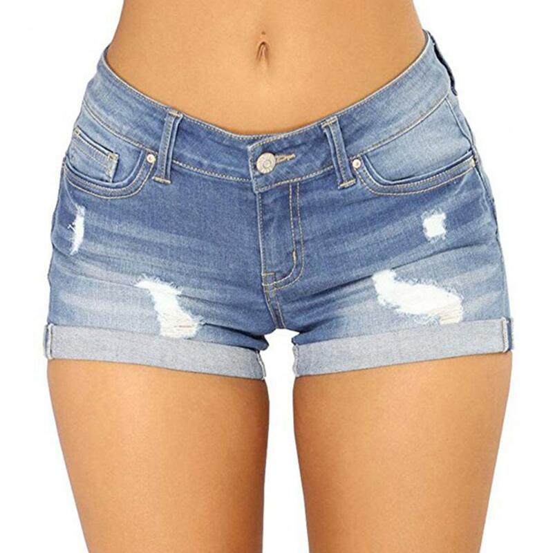 Celana pendek Denim wanita, 2023 Jeans sobek pinggang sedang warna Solid lembut musim panas