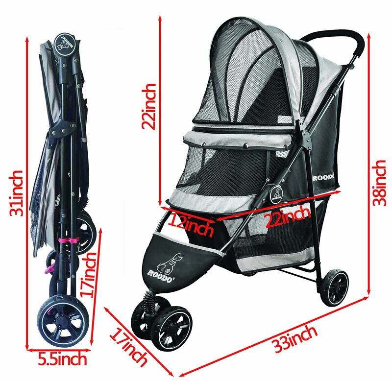 ROODO Escort 3Wheel Dog Stroller Cat Stroller Pet Stroller for Small Dogs and Cats with Removable Liner Storage Basket