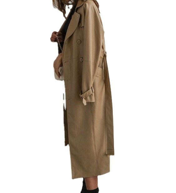 Genuine leather coat  spring new middle and long style sheep leather double-breasted belt waist style trench coat woman