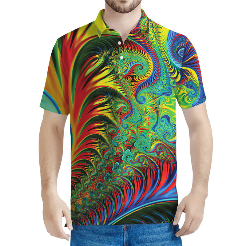 เสื้อโปโล fractal พิมพ์ลาย3D สีสันสดใสเสื้อโปโลแขนสั้นแนวสตรีทสำหรับผู้ชายเสื้อโปโลลำลองมีกระดุมไซส์ใหญ่พิเศษสำหรับฤดูร้อน