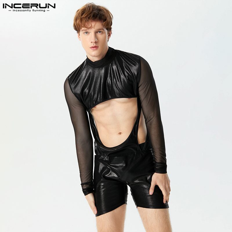 INCERUN-Homewear dos homens sexy estilo americano, tecido Flash, macacões de emenda, moda manga comprida, oco bodysuits finos, S-5XL, 2024
