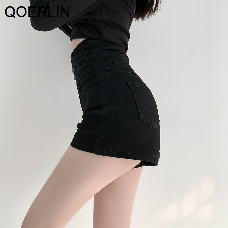 QOERLIN-pantalones vaqueros elásticos para mujer, pantalón corto de cintura alta, estilo coreano, con realce, 2022