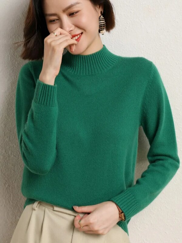 100% Pure Cashmere Merino Wool Mock Neck Pullover Spring Autumn Sweater Women's Casual Knitting Basic Fashionable Thread