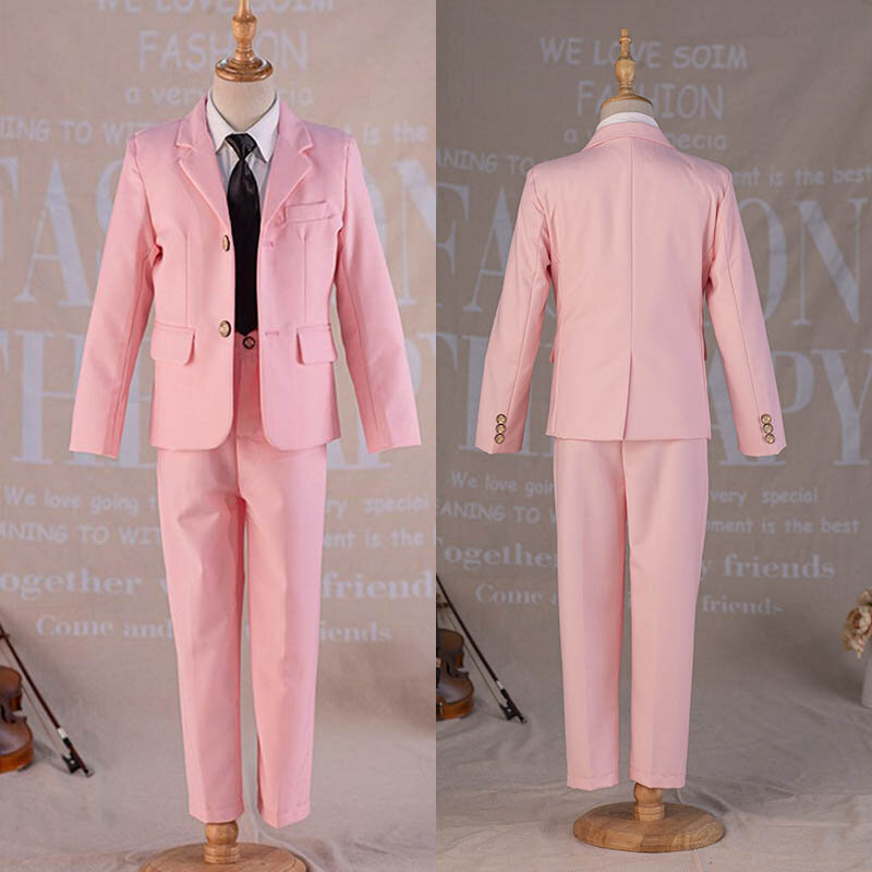 Boys Skinny Pink Birthday Suit Kids Jacket Vest Pants Tie 4PS Wedding Tuxedo Dress Children Photograph Party Performance Costume