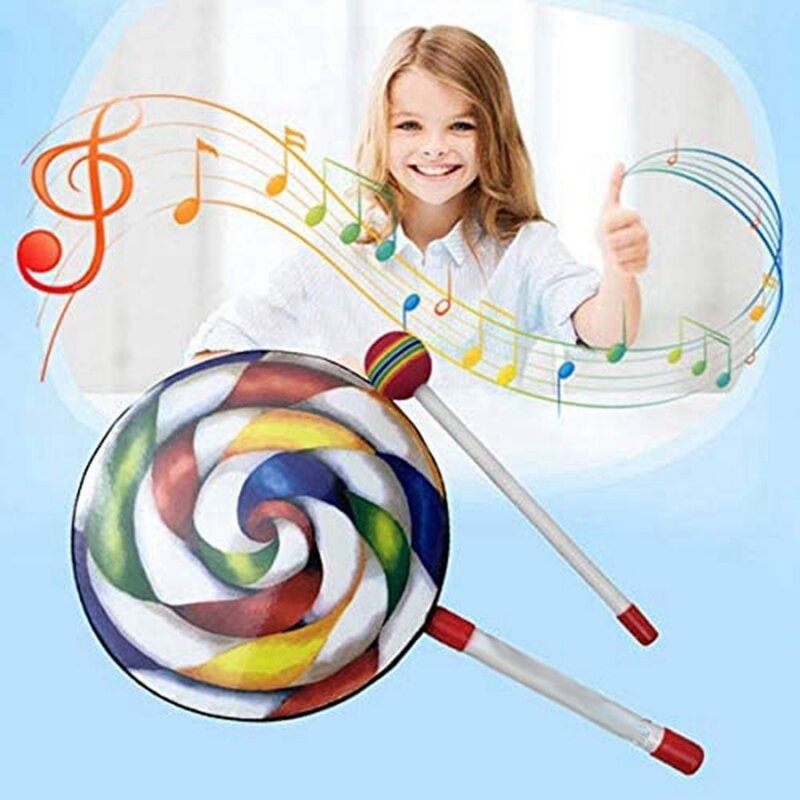 Tambor en forma de Piruleta de 8 pulgadas con Mazo, instrumentos de ritmo musical arcoíris, juguete para niños y bebés