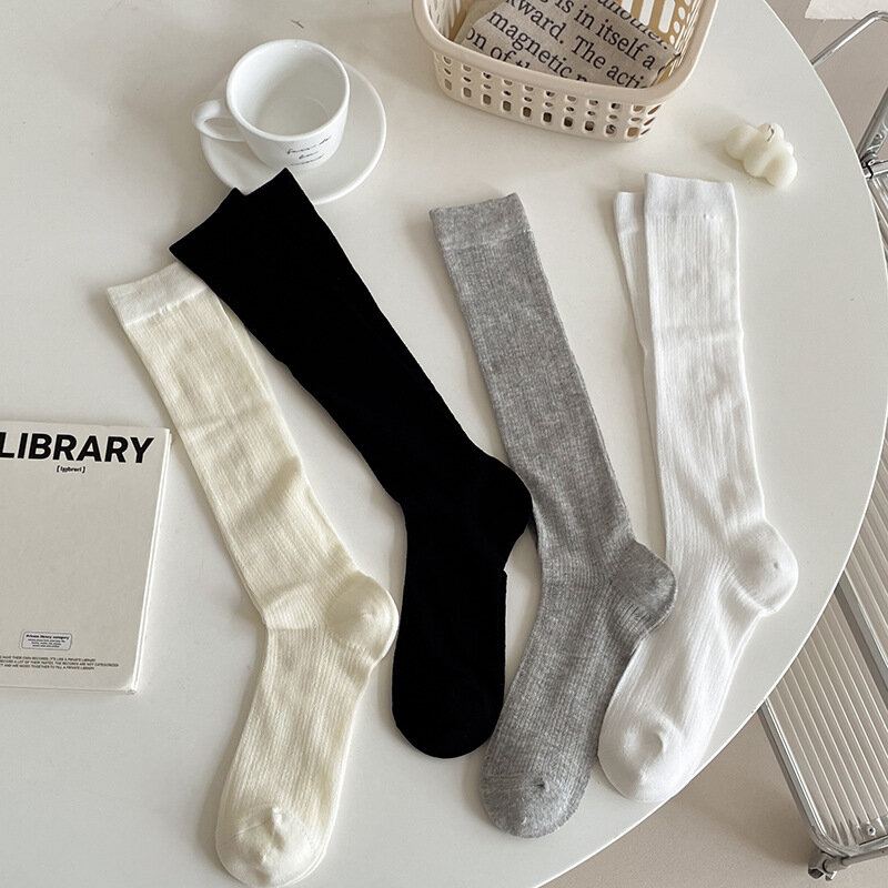 Bas JK Lolita pour femmes, chaussettes longues douces pour filles, style japonais, document solide, noir, blanc, gris, chaussettes au genou
