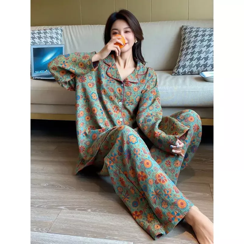 Pijama estampado de manga comprida feminino, conjunto Homewear solto, pijama com decote em v, design loungewear, extra grande, outono, novo, 2024