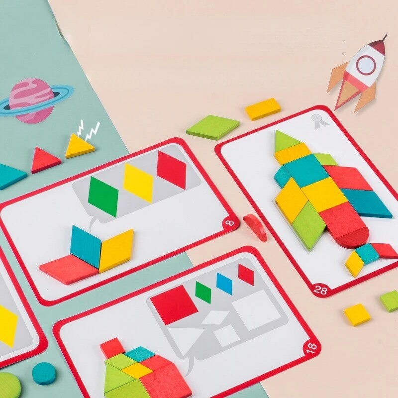 Blok bangunan teka-teki anak-anak pendidikan magnetik Tangram klip buku pengajaran kreatif bentuk geometris mainan mainan kayu