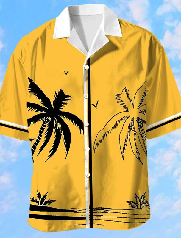 Camisa havaiana masculina com gola de acampamento, camisa estilista havaiana, camisa gráfica, manga curta, moda rua casual, verão