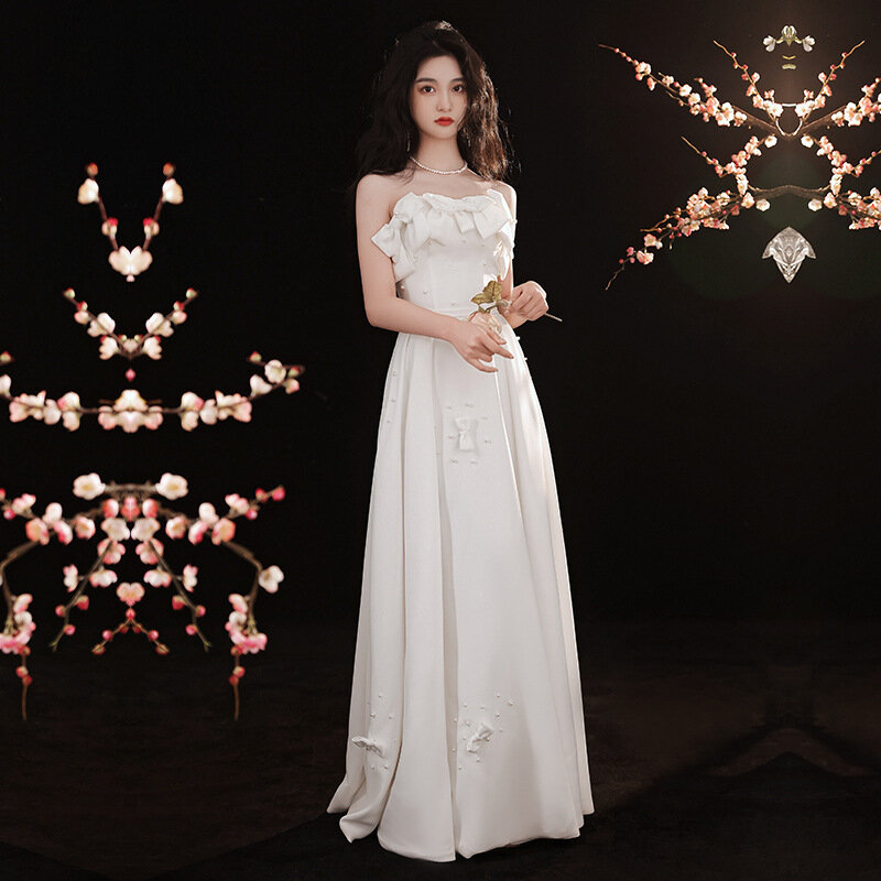 White Dress Everyday Elegant Little White Wedding Dress Host Banquet Party French Evening Dress for Women 2024