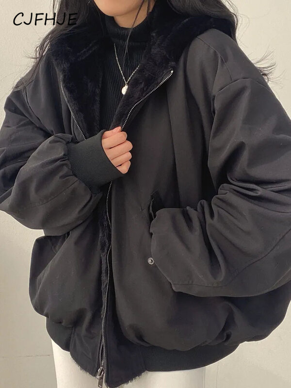CJFHJE-Parkas grossas de algodão quente para mulheres, casaco grande, moda coreana, dupla face, monocromático, harajuku, jaqueta com zíper, streetwear, inverno