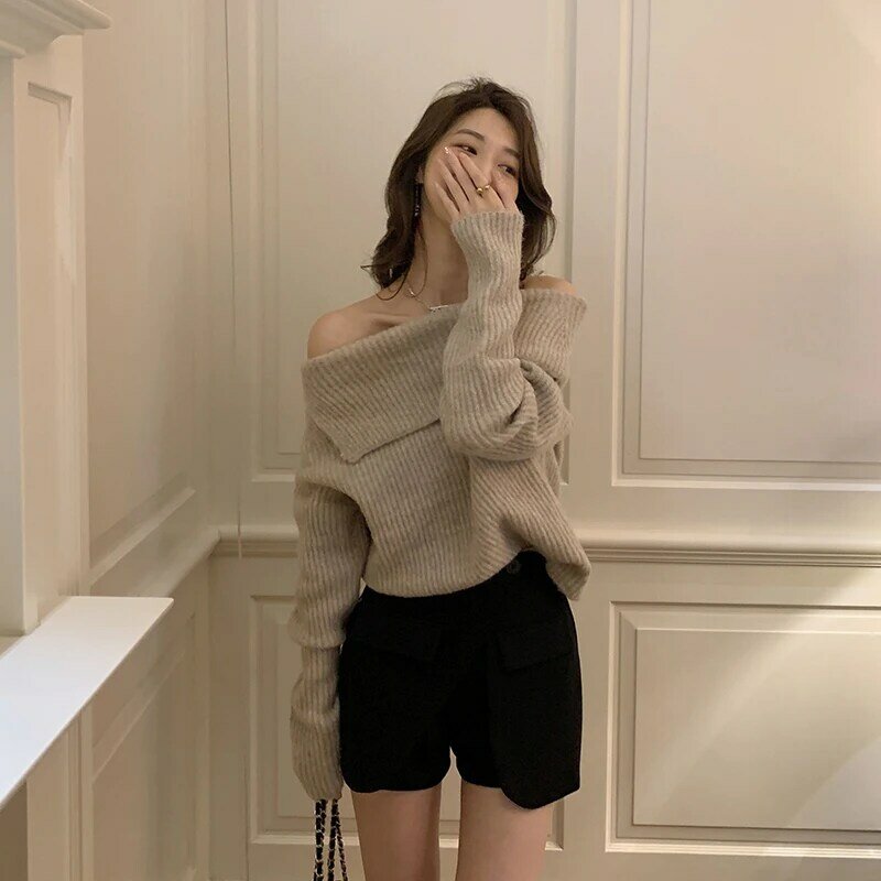 French Fashion One Shoulder Pullover for Women's Spring New Niche Lazy Style Large Lapel Loose Sweater Female Clothing