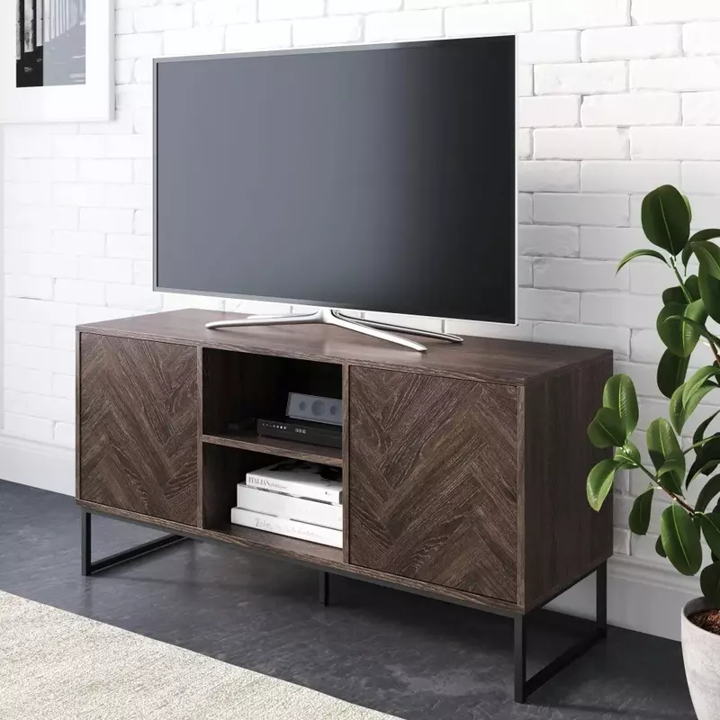 Stojak na Tv konsola stojak na TV szafkowa z ukrytym schowkiem wzór w jodełkę drewno metalowe, szary/czarny, stojak na tv s