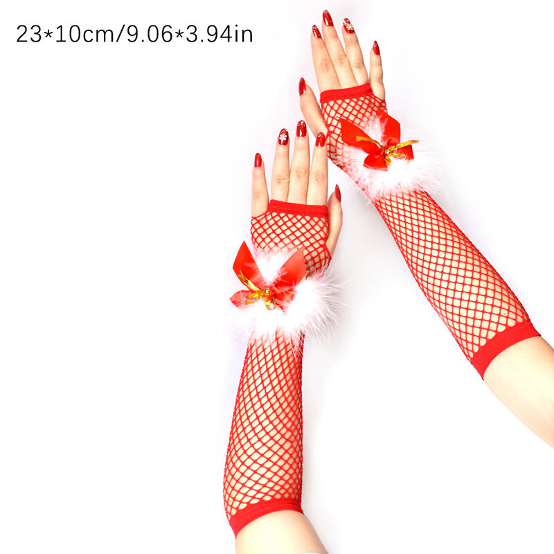 Christmas Long Red Fishnet Gloves Women Fingerless Xmas Party Sexy Glove Girl Dance Gothic Punk Rock Costume Fancy Glove