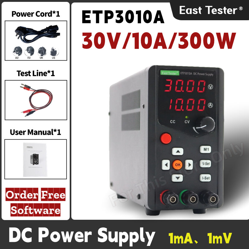 ETP3010A catu daya diatur DC, saluran tunggal efisiensi tinggi 4 LED tampilan digital dapat diprogram 30V 10A 300W