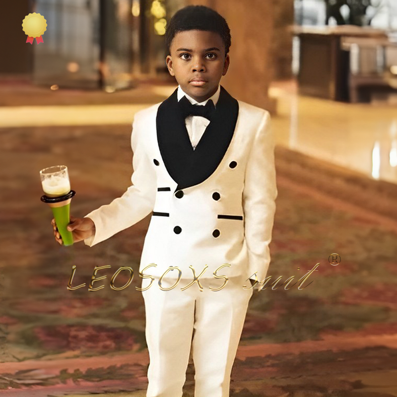Esmoquin de boda para niños, conjunto de 2 piezas, chaqueta de doble botonadura con cuello de terciopelo negro y pantalones personalizados para niños de 3 a 16 años
