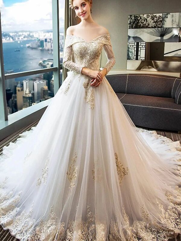 Gaun pernikahan temperamen bangsawan gaun romantis wanita renda lengan panjang gaun pengantin wanita terbaru 2024 gaun pengantin gading a-line Novia