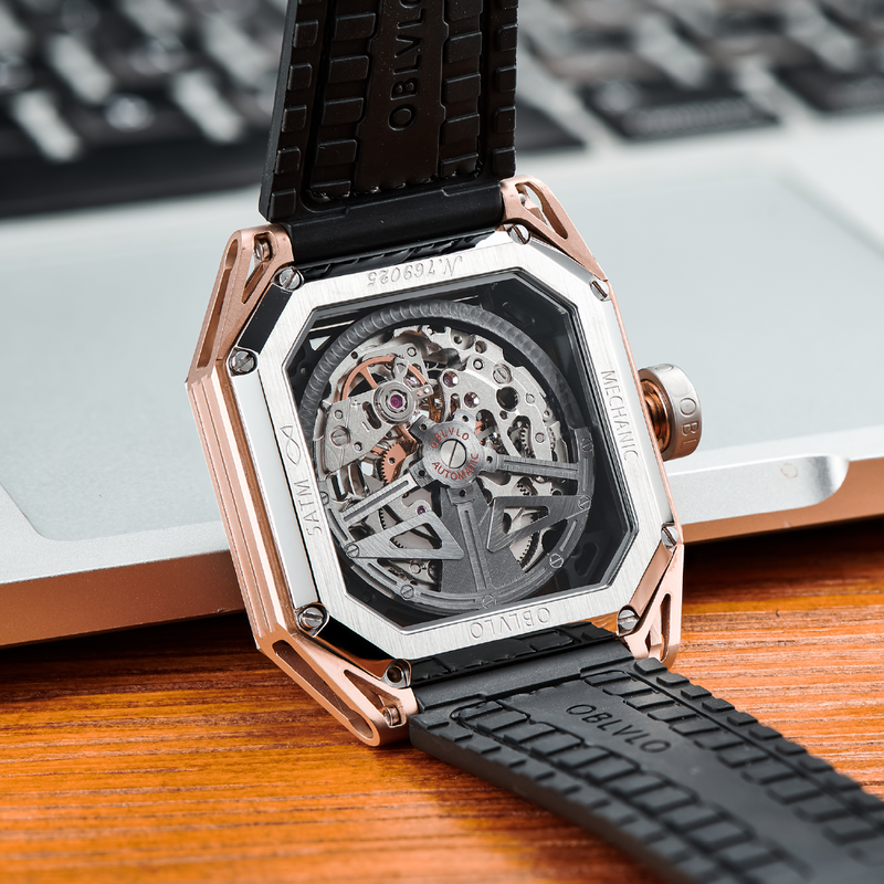 OBLVLO Marca de luxo Sport Watch Para Homens Relógio Automático Mecânico Aço Completo Waterproof Square Cool Luminous Rubber Watch AK