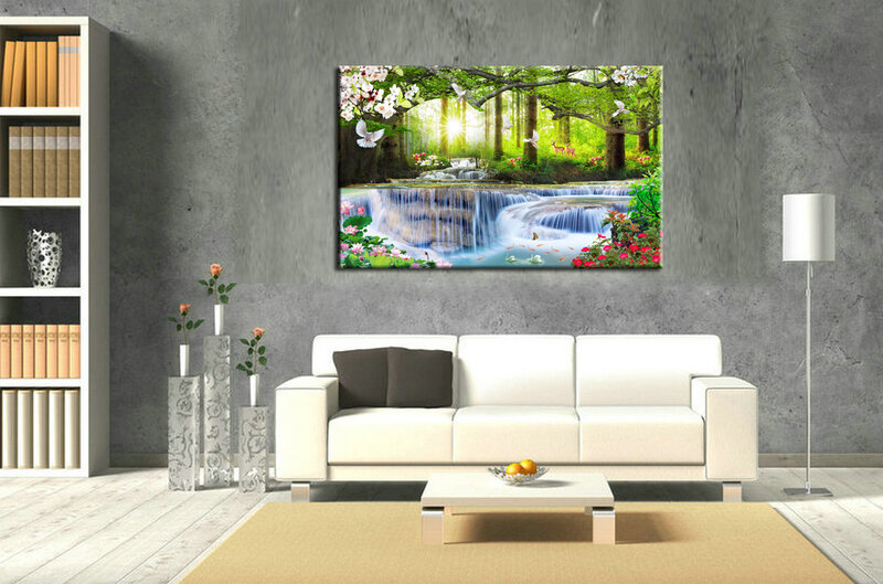 Wall Art Forest Waterfall Landscape Nature Flowers Canvas Print Painting HD Picture Living Room Home Decor HYS2011