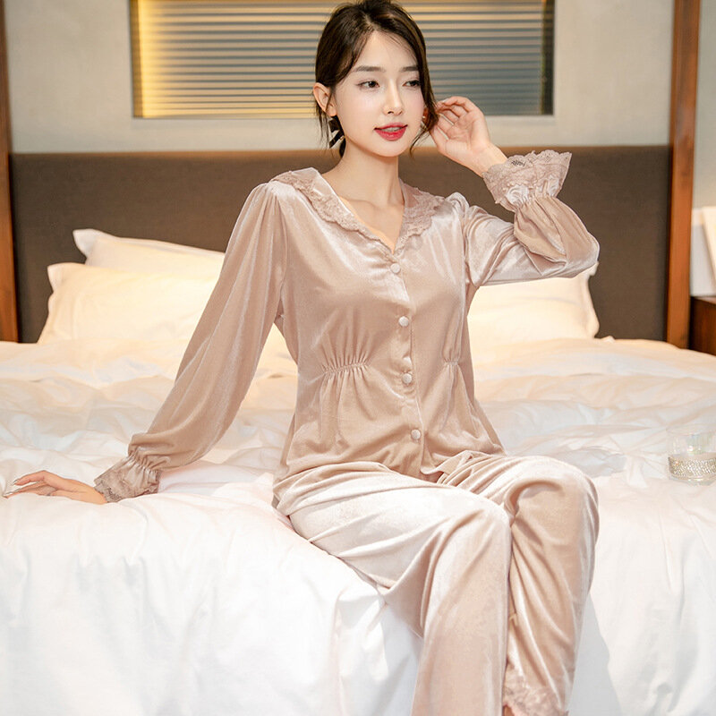 Soft Loungewear Long Sleeve 2Pcs Velour Warm Pajamas Women Pyjamas Pour Femme Sexy V-Neck Lace Sleepwear Nightgown Slim Homewear