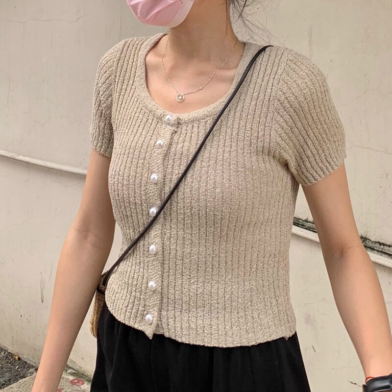 Kemeja wanita elastis satu baris warna polos, kemeja wanita elastis musim semi nyaman Harajuku Vintage cocok untuk kulit