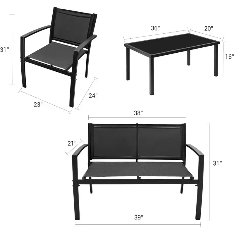 4 Pieces Patio Furniture Outdoor Furniture Set Textilene Bistro Set Modern Conversation Black Bistro Set with Loveseat Tea