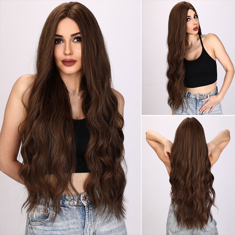 Wig keriting panjang bergelombang coklat 32 inci bagian tengah Wig untuk wanita rambut palsu keriting alami serat sintetis Lolita Wig sehari-hari