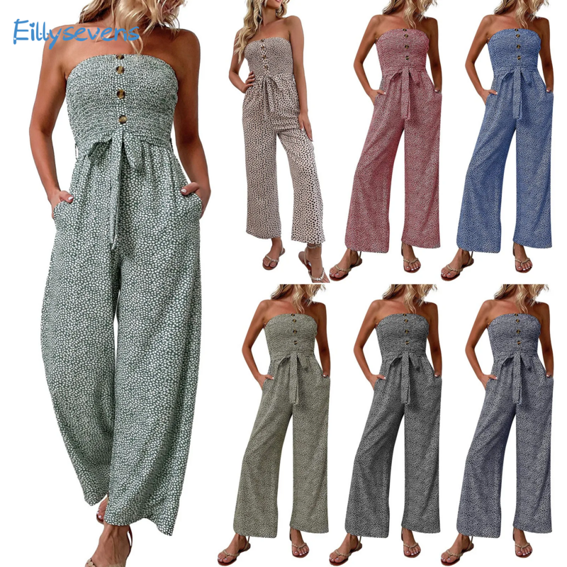 Women'S Wrapped Chest Jumpsuits Summer New Fashionable Casual Loose Wide Leg Cropped Jumpsuits High Waist Lace-Up Rompers