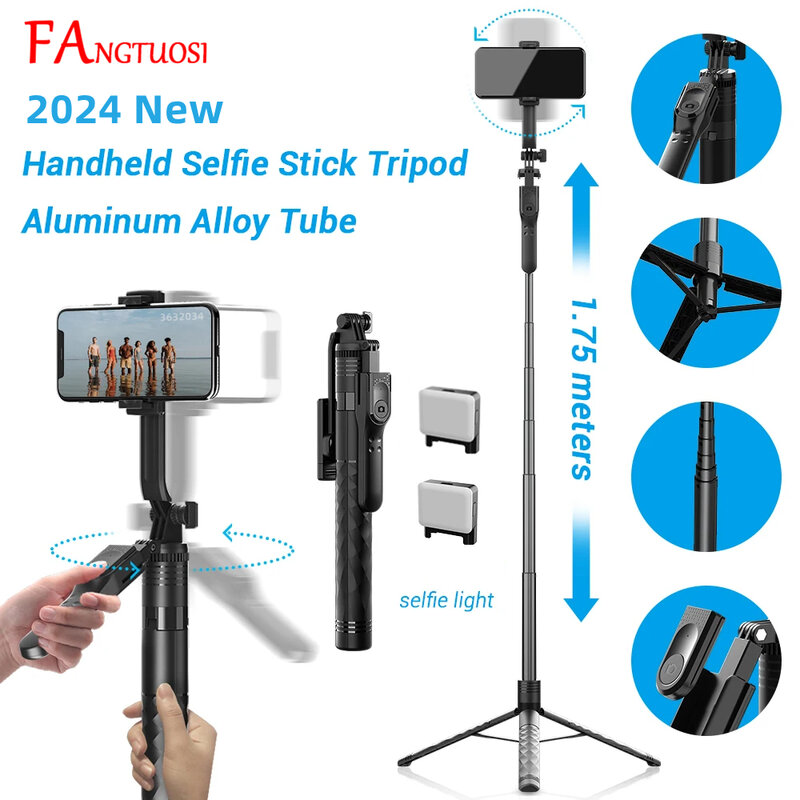 FANGTUOSI-sem fio Selfie Stick Tripé Stand, monopé dobrável, luz LED, apto para Smartphones, Balance Shooting, Live, Firme, 1700 milímetros
