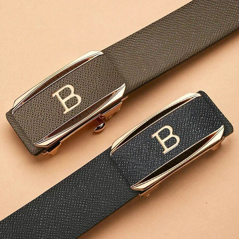 HGVB-Cinturón de cuero genuino para hombre, Correa con hebilla automática, letra B, café de alta calidad, informal, de diseñador, a la moda