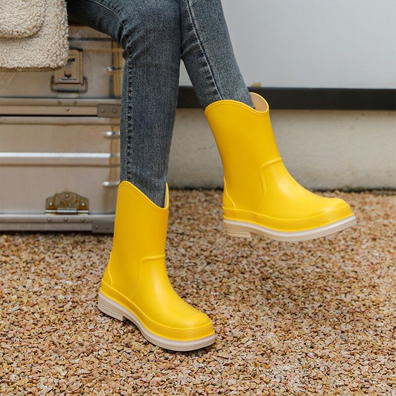 Modne kalosze damskie buty do wody buty przeciwdeszczowe do połowy łydki wodoodporne antypoślizgowe buty wodne gumowe Med (3cm-5cm)
