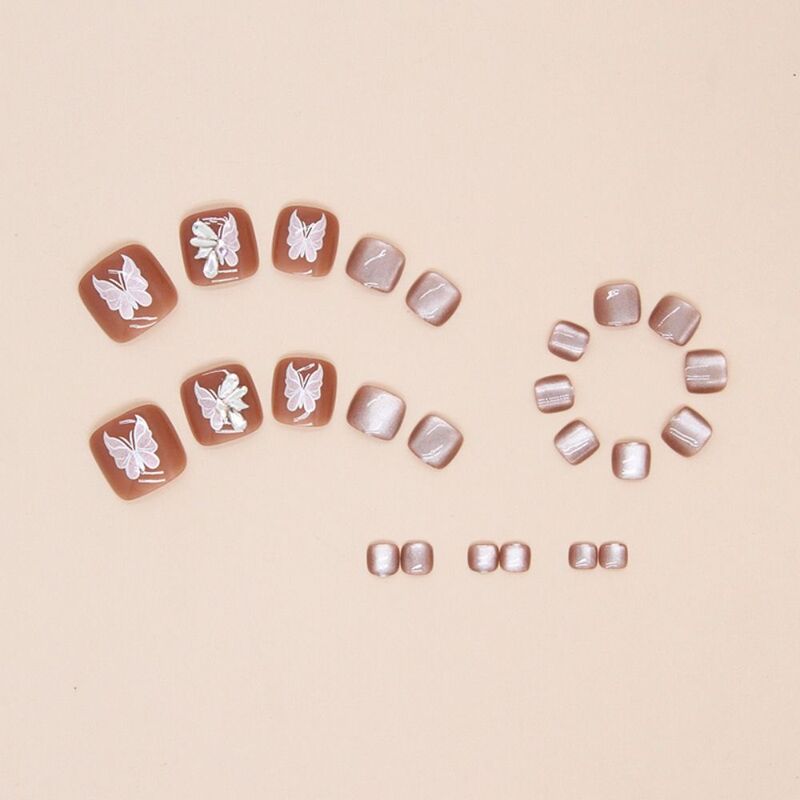 24pcs Fake Toenails French Full Cover Aurora Butterfly Short Square Toe Nails Jelly stickers Foot Nails Tips for Women Girl
